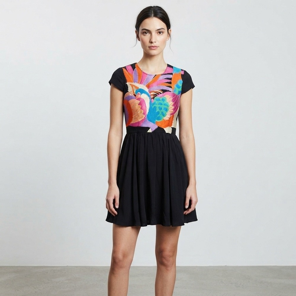 Alice McCall Black Embroidered Phoenix Bird Mini Dress Multi Color Rayon Size 6